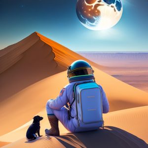 astronaut with two dogs in the moon